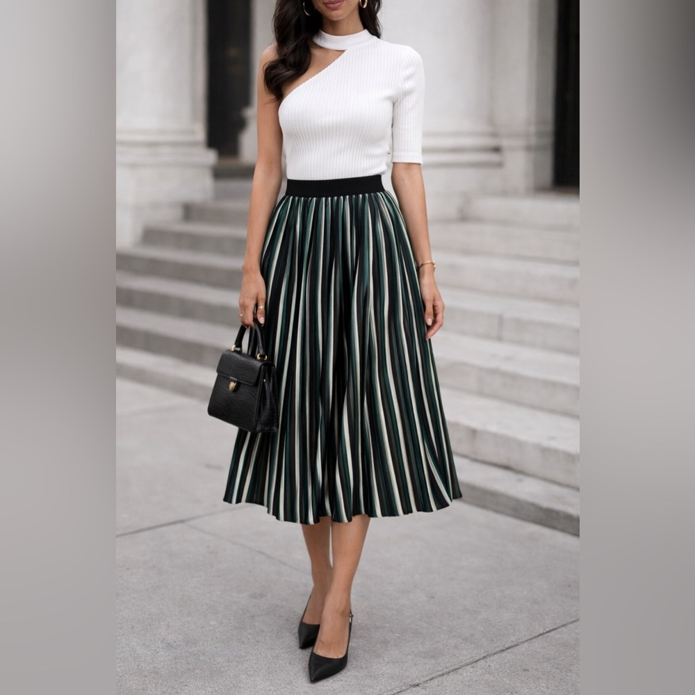 Zara Pleated Midi Skirt Black Green Striped High Waist Chic